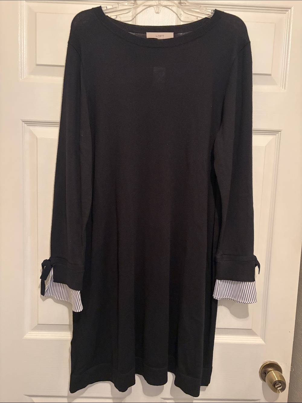 LOFT Black Long-Sleeve Dress with Striped Cuff and Bow Detail